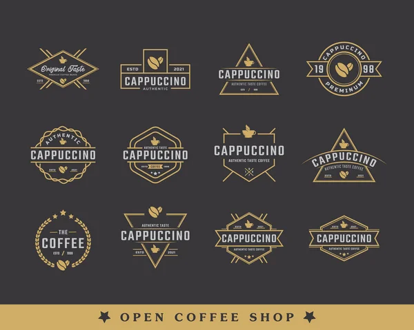Antika Amblem Rozet Kahve Dükkanı Logosu Kupa ve Kahve Fasulyeleri Sembolü Retro Style Vector Illustration