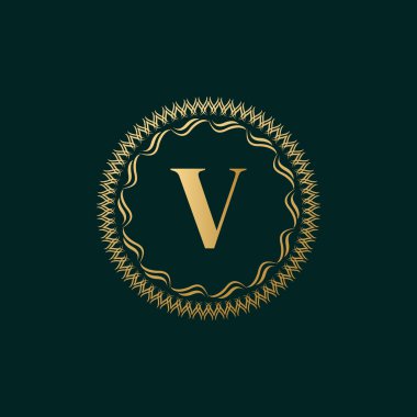 Amblem Harf V Dokuma Çemberi Monogram Zarif Şablonu. Luxury Crest, Royalty, Business Card, Butik, Hotel, Heraldic için Basit Logo Tasarımı. Kaligrafik Vintage Sınırı. Vektör İllüstrasyonu