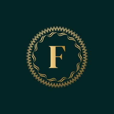 Amblem F Harfi, Çember Dokuma Zarif Şablonu. Luxury Crest, Royalty, Business Card, Butik, Hotel, Heraldic için Basit Logo Tasarımı. Kaligrafik Vintage Sınırı. Vektör İllüstrasyonu