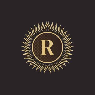 Amblem R Harfi Altın Monogram Tasarımı. Lüks Volumetrik Logo Şablonu. 3 Boyutlu İşaret, Rozet, Crest, Etiket, Butik Marka, Otel, Restoran, Heraldic. Vektör İllüstrasyonu