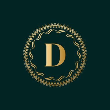 D Harfi Dokuma Çemberi Monogram Zarif Şablonu. Luxury Crest, Royalty, Business Card, Butik, Hotel, Heraldic için Basit Logo Tasarımı. Kaligrafik Vintage Sınırı. Vektör İllüstrasyonu