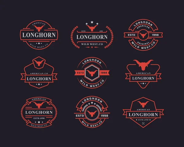 Conjunto Insignia Retro Vintage Para Texas Longhorn Western Bull Head — Vector de stock