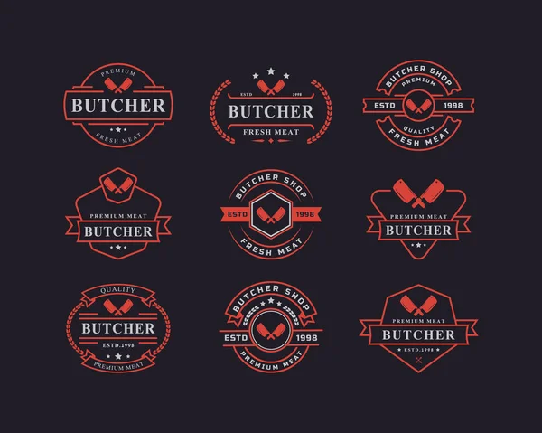 Vintage Retro Badge Butcher Shop Crosed Cleavers Logo Design Template — 스톡 벡터