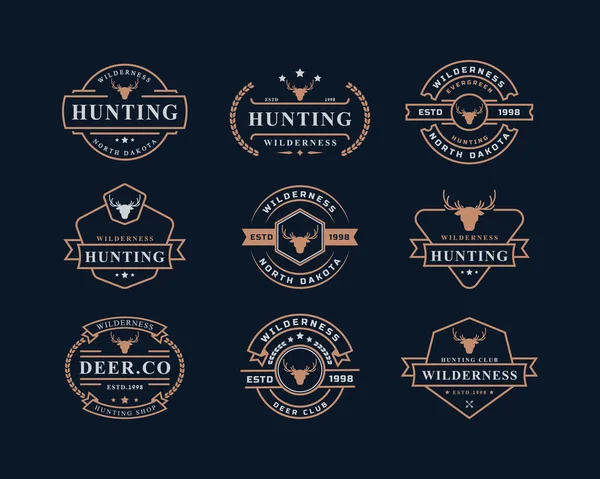 Conjunto Emblema Retro Vintage Para Renas Cervos Antler Hunting Logo — Vetor de Stock