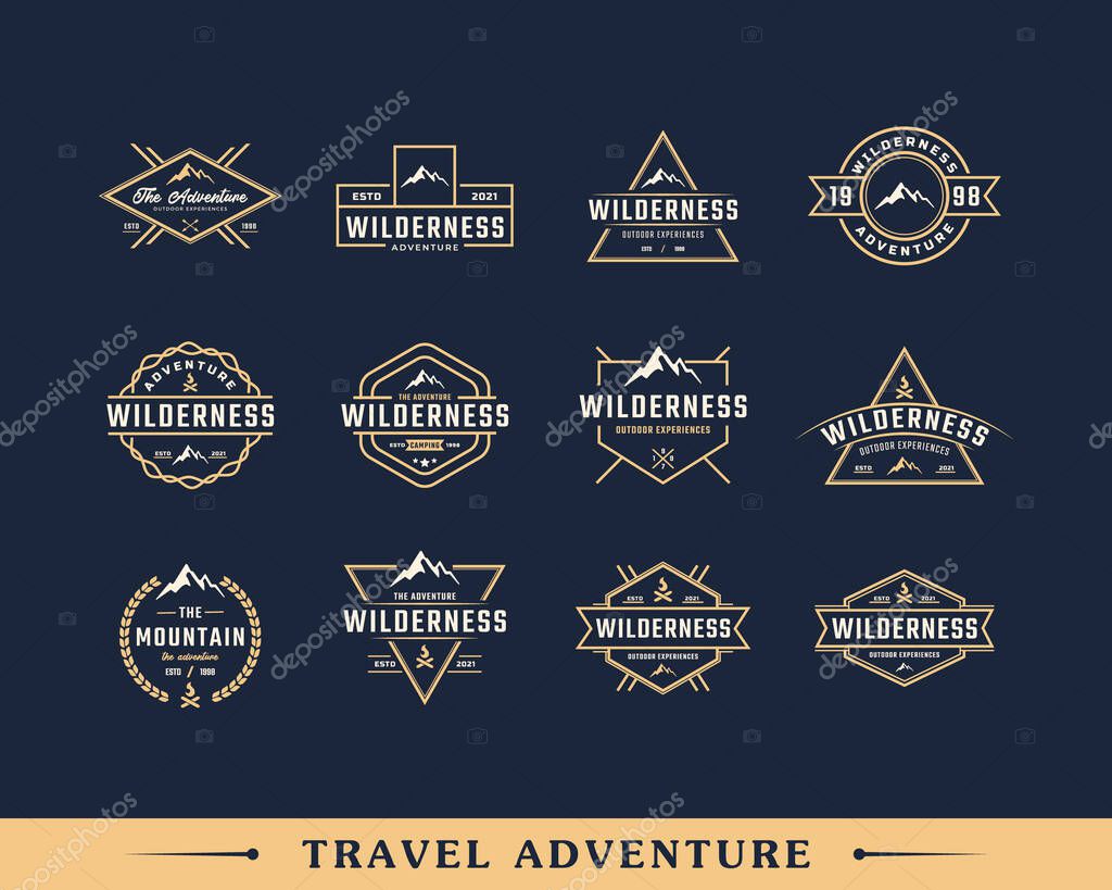 Set of Vintage Emblem Badge Wilderness Mountain Adventure Logo with Bonfire Symbol for Outdoor Camp in Retro Style Vector Illustration