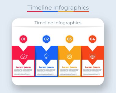 Zaman Çizelgesi Bilgisel Tasarım Pazarlama Simgeleri. Çalışma düzeni, diyagram, yıllık rapor, web tasarımı için kullanılabilir. Adımlar veya süreçlerle İş Veri Görselleştirmesi