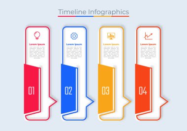 Zaman Çizelgesi Bilgisel Tasarım Pazarlama Simgeleri. Çalışma düzeni, diyagram, yıllık rapor, web tasarımı için kullanılabilir. Adımlar veya süreçlerle İş Veri Görselleştirmesi