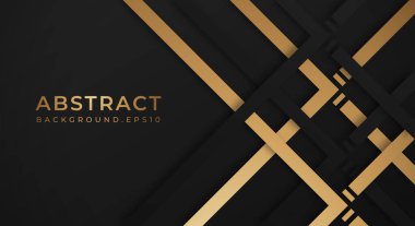 Soyut Kara 3 boyutlu arka plan, Altın ve Siyah Çizgili Kağıt Kesiği Biçimli. Dekoratif web düzeni, Poster, Banner, Şirket Broşürü ve Seminer Şablonu Tasarımı için kullanılabilir