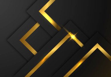 Karanlık Arkaplanda Çizgili Altın Çizgi Lüksü ile Soyut Siyah Geometrik Katmanlar Kopyalama Boşluğu