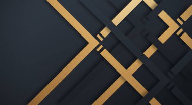 Soyut Dark Navy 3D arka planı, Altın ve Siyah Çizgili Kağıt Kesiği Biçimli. Dekoratif web düzeni, Poster, Banner, Şirket Broşürü ve Seminer Şablonu Tasarımı için kullanılabilir