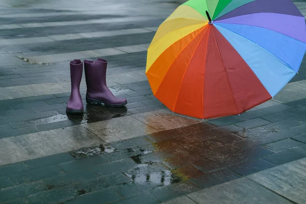 Rainbow umbrella on city street . Puddle reflection on rainy spring day. Walking in rubber boots on the line. Bright colors