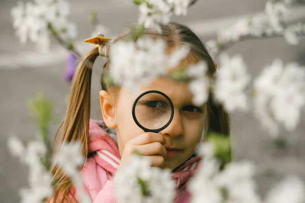 子供は環境について学ぶ 地球の日のための自然教育活動 春に探索し 庭で花を咲かせます 真剣な女の子見ますしかしザ虫眼鏡 — ストック写真