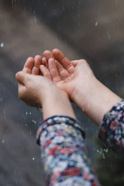 Kids Hands Catching Raindrops Weather Concept Closeup Rain Falling Hands — Stock Photo, Image
