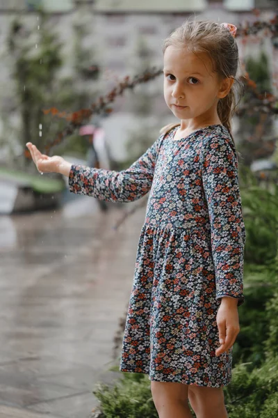 Děti Chytají Kapky Deště Koncepce Počasí Déšť Padající Dívčích Rukou — Stock fotografie