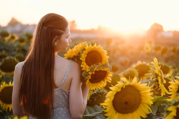 Woman Sunflower Field Young Cheerful Person Holding Hands Air Looking — Stock Photo, Image