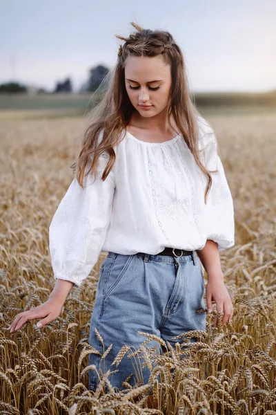 Woman Walking Wheat Golden Field Holding Heap Rye Fashionable Female — Stock Photo, Image