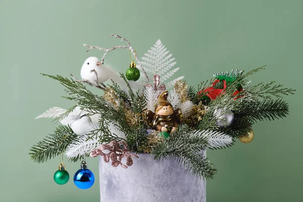 Christmas Composition Velvet Grey Box Spruce Fern Table Decoration Snowy — Stock Photo, Image