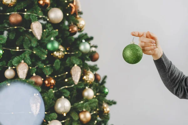 Woman Decorating Big Christmas Tree Middle Aged Female Holding Green — Stock Photo, Image