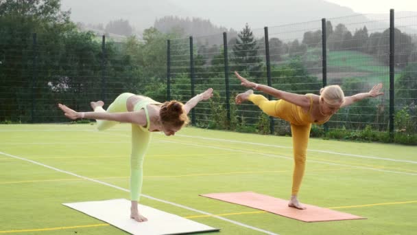 Dos Mujeres Haciendo Yoga Aire Libre Madre Hija Adulta Practicando — Vídeo de stock