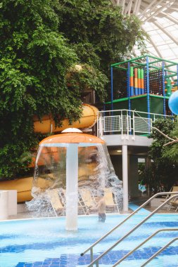 Aquapark 'taki çeşme. İçinde köprü ve yüzme havuzları olan yeşil palmiye ağaçlarıyla dolu kapalı bir macera parkında mantar şekilli çeşme.