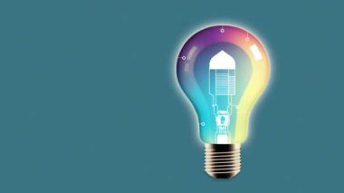 Akıllı ışık bilgi grafikleri modeli. Fikir, plan stratejisi, mavi arkaplana kopyalama alanı. Parıltılı ve çizgili hareket animasyonu. RGB ampul geçmişi. Teknoloji projesi