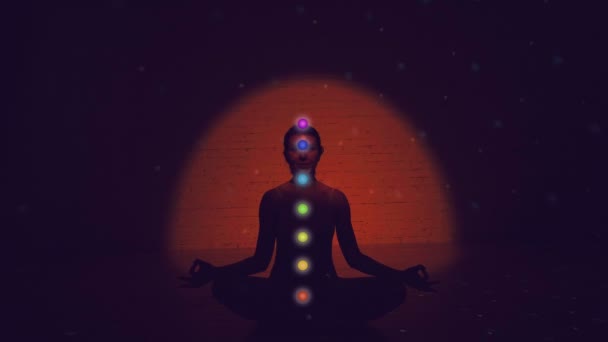 瞑想ダークバック 蓮のチャクラを持つ女性は 月と星でシルエットをしています 呼吸する マインドフルネスコンセプト 瞑想する人のシルエット ライトストリーク スパーク — ストック動画