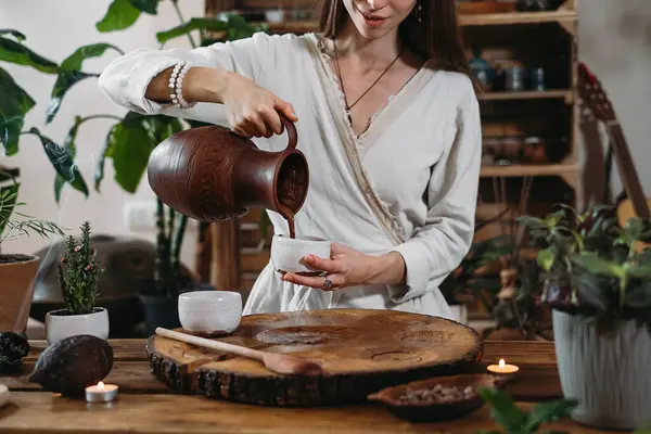 Cacao Ceremony Atmospheric Space Green Plants Candles Woman Making Ritual — Stock Photo, Image