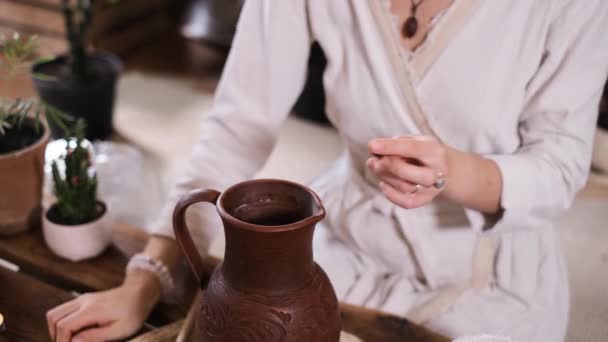 Woman Hands Putting Rose Salt Organic Cacao Cooking Table Cocoa — Stock Video