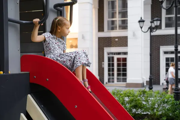 Girl Slide Child Playing Playground City Preschooler Having Fun Outdoors — Stock Photo, Image
