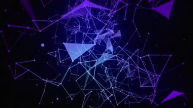 Hologram üçgenleri. Karanlık arkaplan, dijital teknoloji ve yenilik kavramı üzerinde ışıltı parçacıkları ve çizgiler