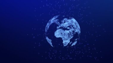 Mavi arka planda gezegenin hologramı. Teknoloji ve dünya çapında veri kavramı. Dünya dönüyor..