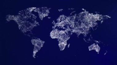 Mavi arkaplan üzerinde dünya haritası Hologramı. Teknoloji ve dünya çapında veri kavramı. Noktalar çizgilerle birleşiyor. VR kıtaları
