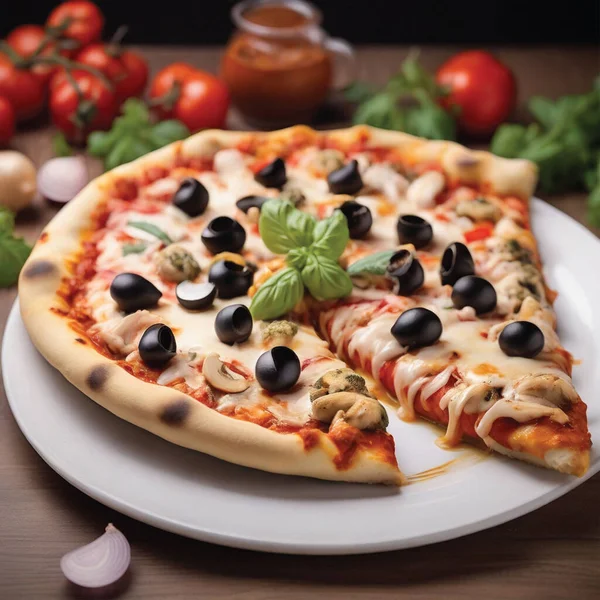 Délicieuse Pizza Sur Une Assiette Pizza Fromage Sur Fond Noir — Photo