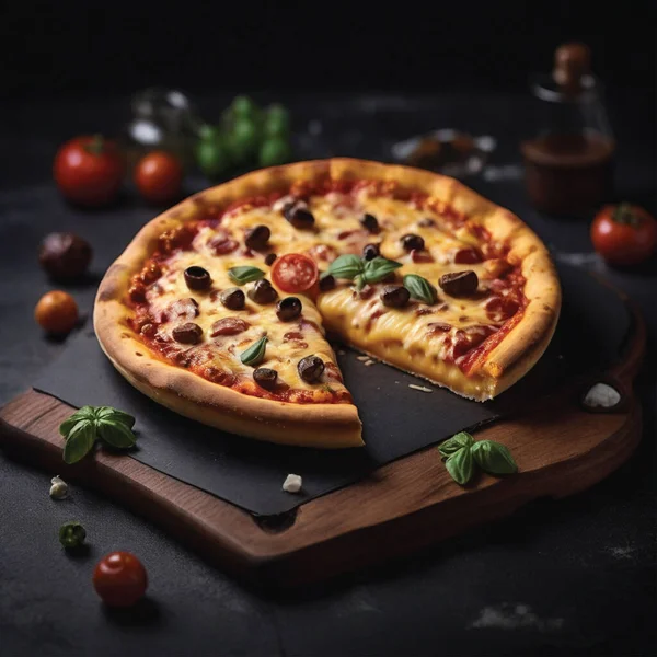 Tabakta lezzetli pizza, siyah arka planda peynirli pizza.