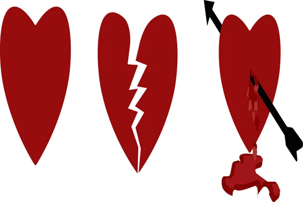 赤いハート 普通のハート 壊れたハート 矢で刺されたハート 自分の感情を表す出血のベクトル図 — ストックベクタ