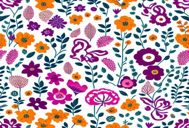 Renkli çiçekler ve yapraklarla el yapımı, kusursuz çiçek deseni..