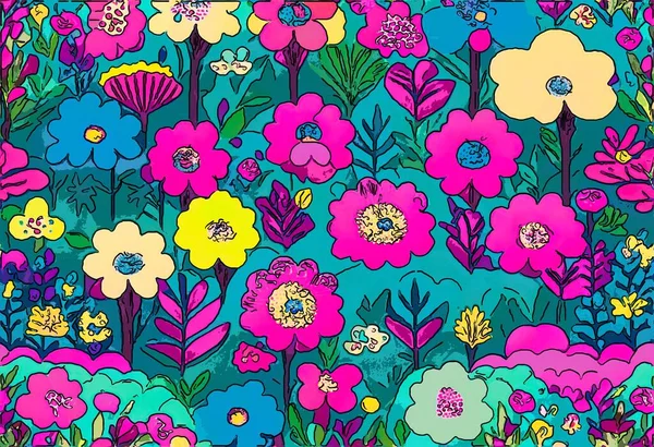 五彩缤纷的花卉花园 手绘抽象数码绘画 — 图库照片