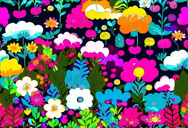 Jarní Pozadí Květinami Stromy Ručně Kreslená Abstraktní Digitální Malba — Stock fotografie
