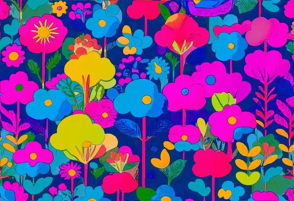 Färgglada Blommig Fruktträdgård Handritad Abstrakt Digital Målning — Stockfoto