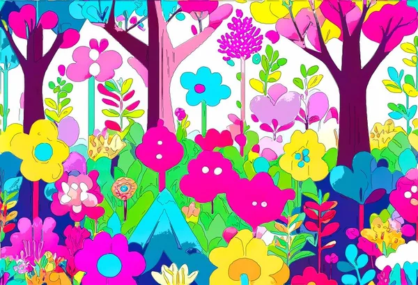 春天的背景 花朵和树木 手绘抽象数码绘画 — 图库照片