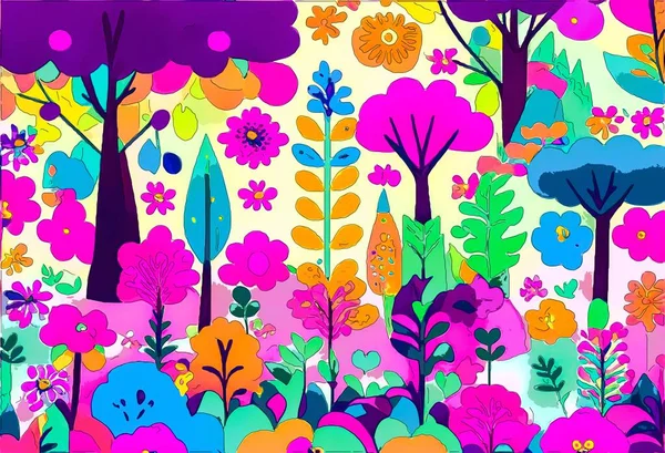 Frühling Hintergrund Mit Blumen Und Bäumen Handgezeichnete Abstrakte Digitale Malerei — Stockfoto