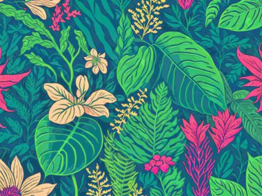 Çiçekler ve yapraklarla renksiz desenli. El çizimi illüstrasyon.