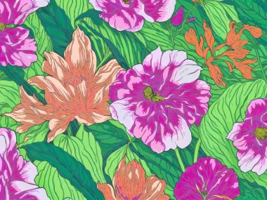 Çiçekler ve yapraklarla renksiz desenli. El çizimi illüstrasyon.