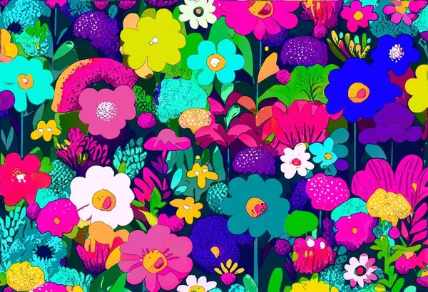 Çiçekler Yapraklarla Renksiz Desenli Çizimi Illüstrasyon — Stok fotoğraf