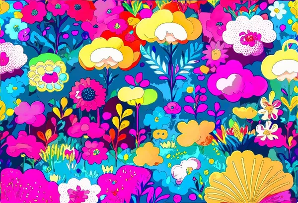Buntes Nahtloses Muster Mit Blüten Und Blättern Handgezeichnete Illustration — Stockfoto