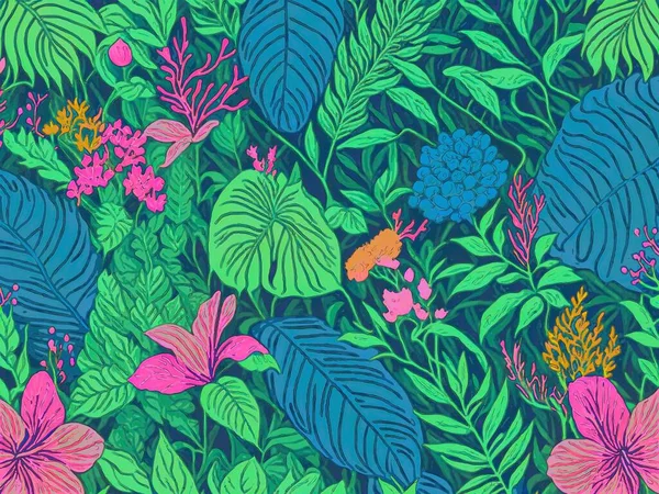 Padrão Sem Costura Colorido Com Flores Folhas Ilustração Desenhada Mão — Fotografia de Stock