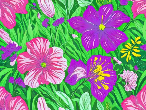 Patrón Inconsútil Colorido Con Flores Hojas Ilustración Dibujada Mano — Foto de Stock