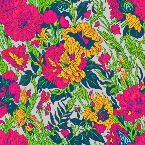 Bezbarwny Wzór Kwiatami Liśćmi Ręcznie Rysowane Ilustracje — Zdjęcie stockowe