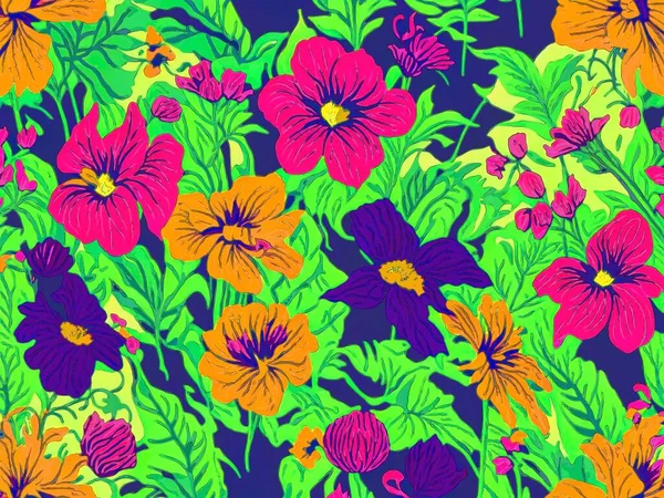 Färgglada Sömlösa Mönster Med Blommor Och Blad Handritad Illustration — Stockfoto