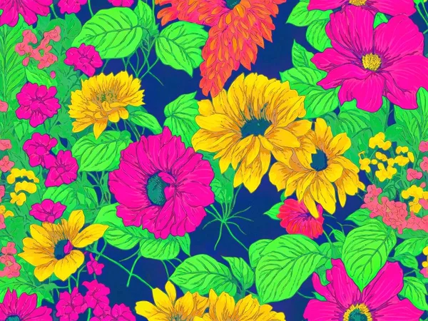 Färgglada Sömlösa Mönster Med Blommor Och Blad Handritad Illustration — Stockfoto